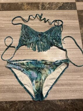 l*space Teal Green Multi Snake-Print Fringe Bikini